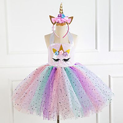 Kids Little Girls' Dress Unicorn Sequin Tulle Dress Birthday Party Festival Layered Mesh White As Picture Above Knee Sleeveless Regular Princess Sweet Dresses Children's Day Fall Spring  Summer Loose miniinthebox