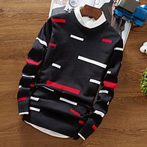 Men's Pullover Knitted Striped Solid Color Stylish Long Sleeve Sweater Cardigans Crew Neck Fall Winter Gray Khaki Black miniinthebox
