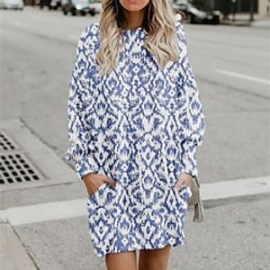 Women's Shift Dress Short Mini Dress Green Blue Purple Long Sleeve Geometric Pocket Print Fall Winter Hooded Casual 2022 S M L XL XXL 3XL miniinthebox