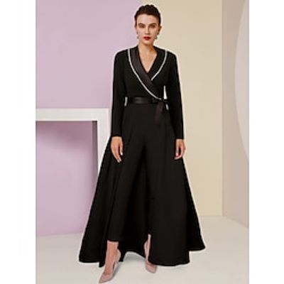 Jumpsuits Mother of the Bride Dress Wedding Guest Elegant V Neck Ankle Length Stretch Fabric Long Sleeve with Bow(s) Crystals Ruching 2023 Lightinthebox