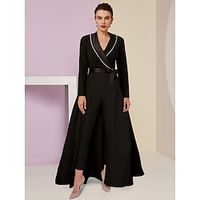 Jumpsuits Mother of the Bride Dress Wedding Guest Elegant V Neck Ankle Length Stretch Fabric Long Sleeve with Bow(s) Crystals Ruching 2023 Lightinthebox - thumbnail