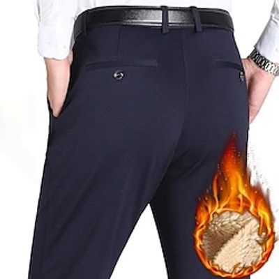 Men's Sherpa Dress Pants Trousers Casual Pants Suit Pants Pocket Elastic Waist Straight Leg Print Simple Solid Colored Waterproof Wearable Full Length Home Work Stylish Classic Black Deep Blue Lightinthebox