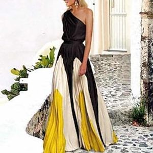 Women's Swing Dress Maxi long Dress One Shoulder Black Yellow Green Gray Color Bar Flower Explosion Dark Green Sleeveless Color Block Cold Shoulder Print Spring Summer S-3XL miniinthebox