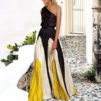 Women's Swing Dress Maxi long Dress One Shoulder Black Yellow Green Gray Color Bar Flower Explosion Dark Green Sleeveless Color Block Cold Shoulder Print Spring Summer S-3XL miniinthebox - thumbnail