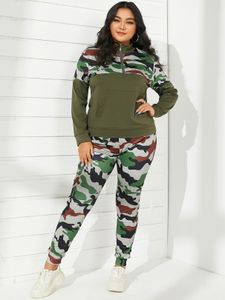 Plus Size Stand Collar Camo Zip Front Long Sleeves Two Piece Outfit