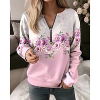 Women's Sweatshirt Pullover Floral Active Sportswear Print Quarter Zip Pink Blue Purple Casual Sports Round Neck Long Sleeve Micro-elastic Fall  Winter Lightinthebox - thumbnail