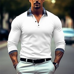 Men's Button Up Polos Golf Shirt Casual Sports Lapel Long Sleeve Fashion Basic Plaid Color Block Patchwork Button Spring   Fall Regular Fit Black White Navy Blue Button Up Polos Lightinthebox