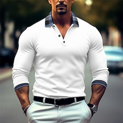 Men's Button Up Polos Golf Shirt Casual Sports Lapel Long Sleeve Fashion Basic Plaid Color Block Patchwork Button Spring   Fall Regular Fit Black White Navy Blue Button Up Polos Lightinthebox