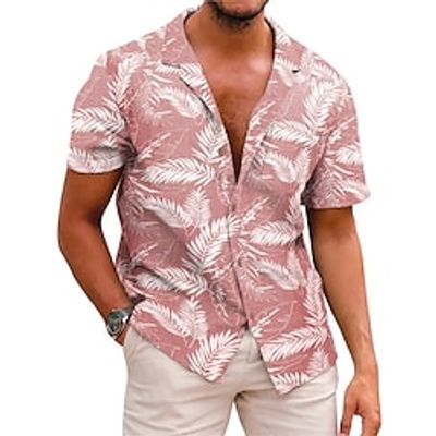 Men's Shirt Summer Hawaiian Shirt Graphic Prints Leaves Turndown Pink Casual Holiday Short Sleeve Button-Down Print Clothing Apparel Tropical Fashion Streetwear Hawaiian miniinthebox