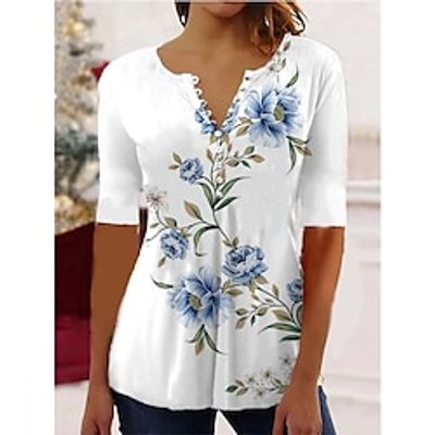 Women's Shirt Blouse Pink Blue Light Blue Floral Button Print Short Sleeve Casual Holiday Basic Round Neck Regular Floral S Lightinthebox