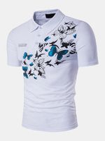 Mens Summer Butterfly Printed Short Sleeve Turn-down Collar Casual Polo Shirts