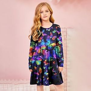 Kids Girls' Dress Floral Butterfly A Line Dress Knee-length Dress Casual Crew Neck Long Sleeve Daily Dress 4-12 Years Summer Blue Purple Lightinthebox