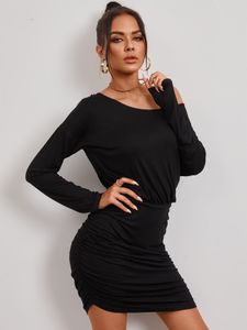 YOINS Black Ruched Cold Shoulder Long Sleeves Mini Dress
