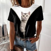 Women's T shirt Tee Black Cat 3D Print Short Sleeve Casual Weekend Basic Round Neck Regular 3D Cat Painting S Lightinthebox - thumbnail