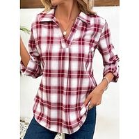 Women's Polo Shirt Blouse Plaid Red Print Long Sleeve Casual Fashion Shirt Collar Regular Fit Spring   Fall Lightinthebox - thumbnail