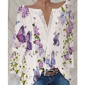 Women's Blouse White Butterfly Mesh Off Shoulder Long Sleeve Daily Vacation Basic V Neck Cotton Plus Size L miniinthebox