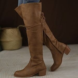 Women's Boots Cowboy Boots Plus Size Lace Up Boots Outdoor Daily Over The Knee Boots Block Heel Chunky Heel Round Toe Vintage Casual Minimalism Faux Leather PU Zipper Lace-up Solid Color Brown Beige Lightinthebox