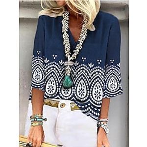 Women's Blouse Graphic Patterned Daily Weekend Blouse Shirt 3/4 Length Sleeve Print V Neck Casual Streetwear Navy Blue S / 3D Print miniinthebox
