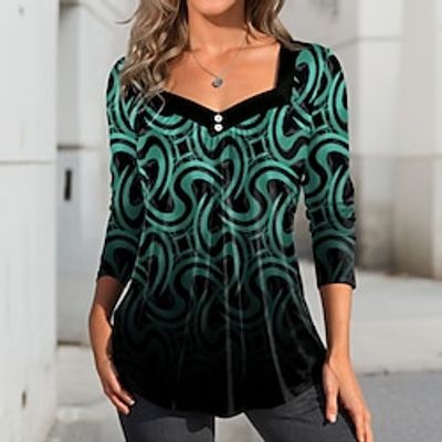 Women's T shirt Tee Graphic Yellow Pink Blue Print Button Long Sleeve Casual Fashion Square Neck Regular Fit Spring   Fall Lightinthebox