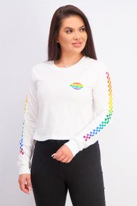 Womens Crew Neck Longsleeve Graphic Cropped Top  White