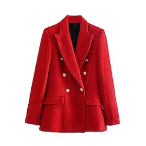 Women's Blazer Windproof Warm Outdoor Work Going out Button Pocket Double Breasted Lapel OL Style Elegant Modern Office  career Solid Color Regular Fit Outerwear Long Sleeve Winter Fall Red XS S M L Lightinthebox