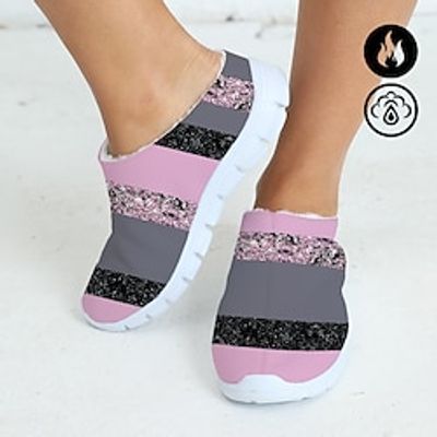 Women's Mules Slip-Ons Print Shoes Sporty Mules Outdoor Home Daily Striped 3D Contrast Color Fleece Lined Winter Flat Heel Round Toe Closed Toe Plush Casual Comfort Walking Cloth Loafer Pink Light miniinthebox