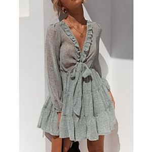 Women's Casual Dress Shift Dress Floral Dress Light Green Long Sleeve Lace up Winter Fall Autumn V Neck Romantic Winter Dress Fall Dress 2022 S M L Lightinthebox