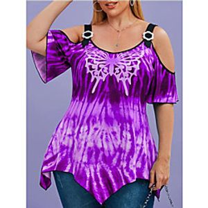 Women's Plus Size Tops T shirt Print Butterfly Tie Dye Hot Stamping Cut Out Short Sleeve Round Neck Ethnic Vintage Fall Summer Purple Sky Blue Big Size L XL XXL XXXL 4XL  Holiday Lightinthebox