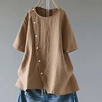 Women's Plus Size Tops Blouse Shirt Plain Asymmetric Button Short Sleeve Crewneck Basic Fall Summer khaki White Black Big Size L XL XXL 3XL 4XL / Cotton miniinthebox - thumbnail