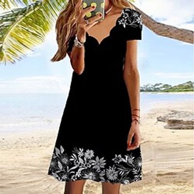 Women's Casual Dress Shift Dress Midi Dress Black Gray Short Sleeve Floral Print Spring Summer V Neck 2022 S M L XL XXL 3XL Lightinthebox