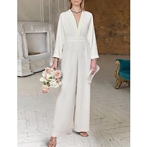 Bridal Shower Casual Wedding Dresses Jumpsuits V Neck Long Sleeve Sweep  Brush Train Stretch Fabric Bridal Gowns With Ruched Solid Color 2023 Summer Wedding Party, Women's Clothing Lightinthebox