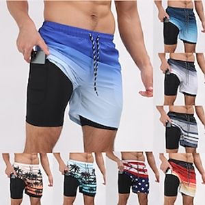 Men's Swim Trunks Swim Shorts Waterproof UV Sun Protection Lightweight Swimwear Bottoms Drawstring 2 in 1 Swimming Diving Surfing Beach Gradient Stripes Tropical Summer Lightinthebox