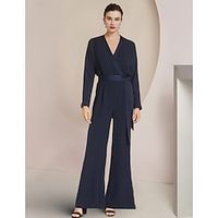 Jumpsuits Mother of the Bride Dress Formal Wedding Guest Elegant V Neck Floor Length Stretch Chiffon Long Sleeve with Sash  Ribbon 2023 Lightinthebox