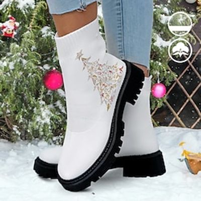 Women's Boots Print Shoes Xmas Shoes Sock Boots Christmas Xmas Daily Christmas Tree Mid Calf Boots Winter Flat Heel Round Toe Closed Toe Fashion Casual Comfort Tissage Volant Loafer Yellow Green miniinthebox