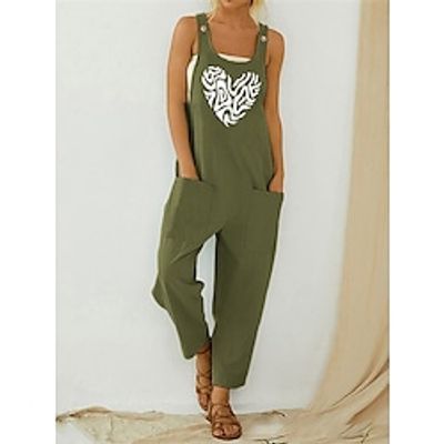 Women's Overall Button Pocket Print U Neck Streetwear Daily Vacation Regular Fit Sleeveless Army Green Blue S M L Summer miniinthebox