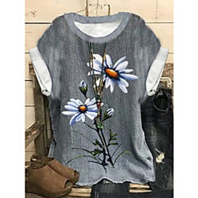 Women's Plus Size Tops T shirt Floral Graphic Print Short Sleeve Crewneck Basic Streetwear Summer Gray Big Size XL XXL 3XL 4XL 5XL miniinthebox