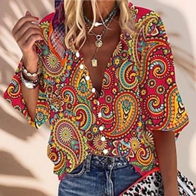 Women's Shirt Blouse Red Paisley Button Print Half Sleeve Casual Basic V Neck Regular S Lightinthebox