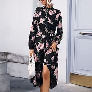 Women's Casual Dress Floral Dress Midi Dress Black Long Sleeve Floral Lace up Winter Fall Autumn Turtleneck Winter Dress Fall Dress 2022 S M L XL miniinthebox