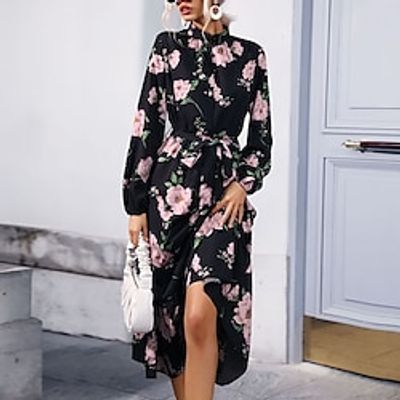 Women's Casual Dress Floral Dress Midi Dress Black Long Sleeve Floral Lace up Winter Fall Autumn Turtleneck Winter Dress Fall Dress 2022 S M L XL miniinthebox