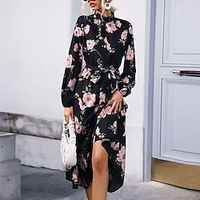 Women's Casual Dress Floral Dress Midi Dress Black Long Sleeve Floral Lace up Winter Fall Autumn Turtleneck Winter Dress Fall Dress 2022 S M L XL miniinthebox - thumbnail