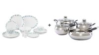 Delcasa 42 Pcs Opal ware Dinner Set Royalford Stainless Steel Induction Safe 7PCs Cookware Set - DC2215 + RF5123