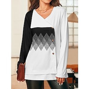 Women's T shirt Tee Geometric White Pink Blue Print Patchwork Button Long Sleeve Daily Weekend Fashion V Neck Regular Fit Spring Lightinthebox