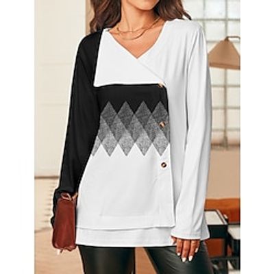 Women's T shirt Tee Geometric White Pink Blue Print Patchwork Button Long Sleeve Daily Weekend Fashion V Neck Regular Fit Spring Lightinthebox