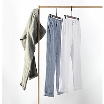 Men's Linen Pants Trousers Casual Pants Elastic Waist Straight Leg Plain Comfort Breathable Casual Daily Holiday 100% Linen French Linen Fashion Classic Style ArmyGreen Black Lightinthebox