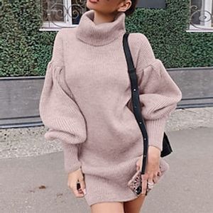 Women's Sweater Dress Shift Dress Blue Purple Fuchsia Khaki Black Long Sleeve Pure Color Knit Winter Fall Turtleneck Stylish Modern Mature Fall Dress 2022 S M L XL / Winter Dress miniinthebox