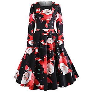 Women's A Line Dress Knee Length Dress Red Long Sleeve Print Print Fall Winter Round Neck Casual Vintage Christmas 2021 S M L XL XXL miniinthebox