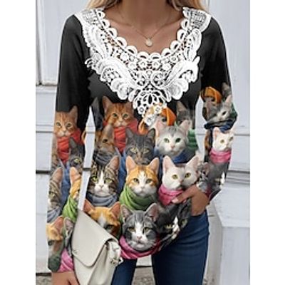 Women's Shirt Blouse Cat Black Yellow Blue Print Lace Patchwork Long Sleeve Casual Fashion Round Neck Regular Fit Spring   Fall Lightinthebox