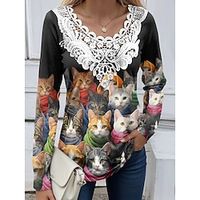Women's Shirt Blouse Cat Black Yellow Blue Print Lace Patchwork Long Sleeve Casual Fashion Round Neck Regular Fit Spring   Fall Lightinthebox - thumbnail