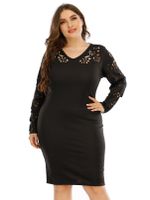 Plus Size V-neck Hollow Design Long Sleeves Dress - thumbnail