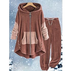 Women's Hoodie Tracksuit Pants Sets Fleece Flannel Color Block Black Pink Green Zipper Drawstring Long Sleeve Casual Daily Warm Daily Hooded Regular Fit Fall  Winter Lightinthebox